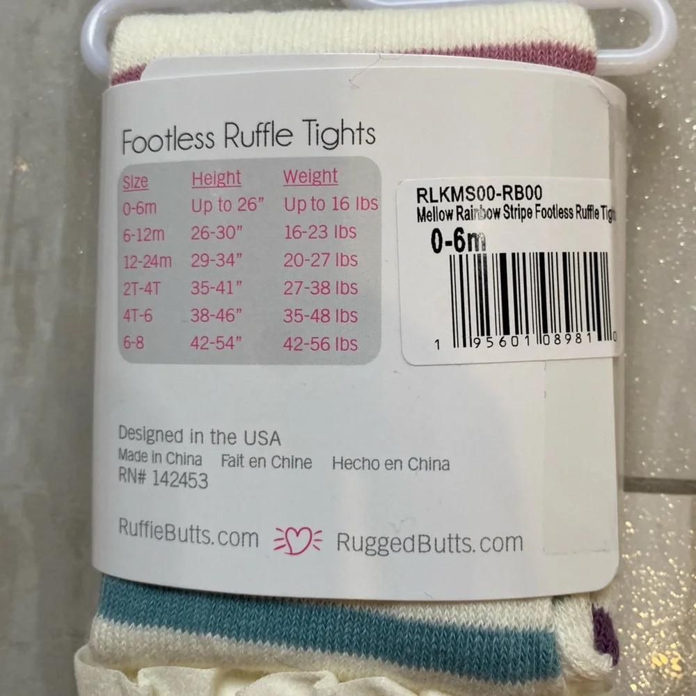 NWT RuffleButts Neutral Mellow Rainbow Stripe Footless Ruffle Tights, 0-6M